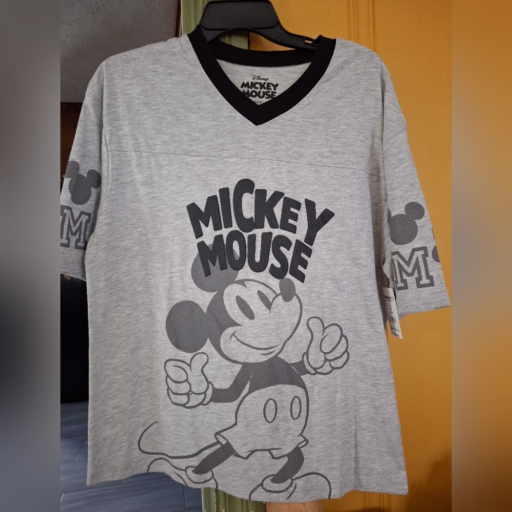 Mickey Mouse Grey Silk Screen & Puffed Logo Cotton Poly T-Shirt Women Sz Sm NWT